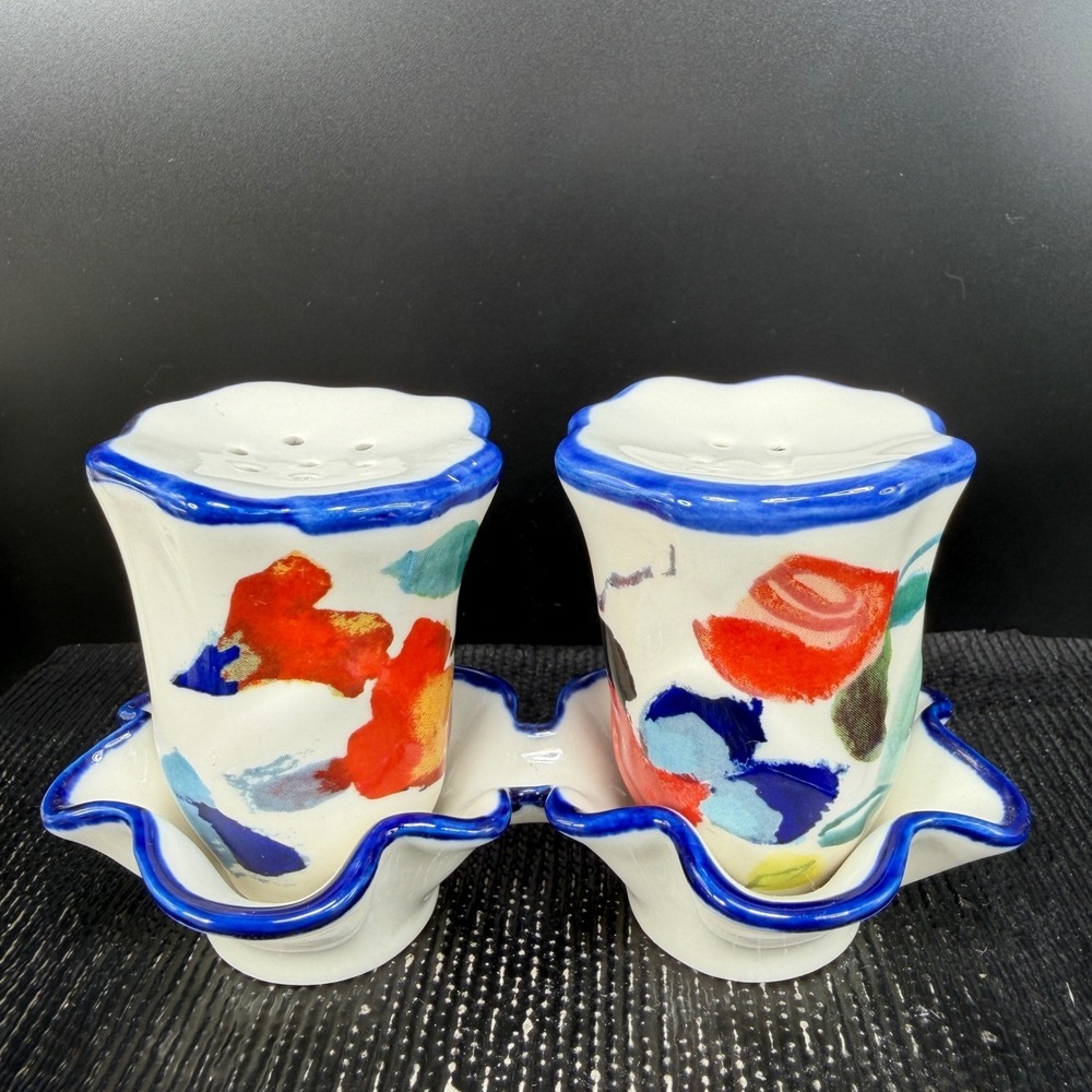 Anthropologie Luna Floral Ceramic Salt and Pepper Shaker Set with Tray New w Tag - Picture 10 of 11